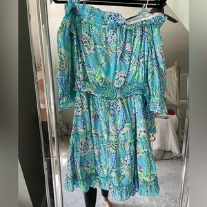 Off the shoulder Louisa dress in Bermuda Blue turtle szn